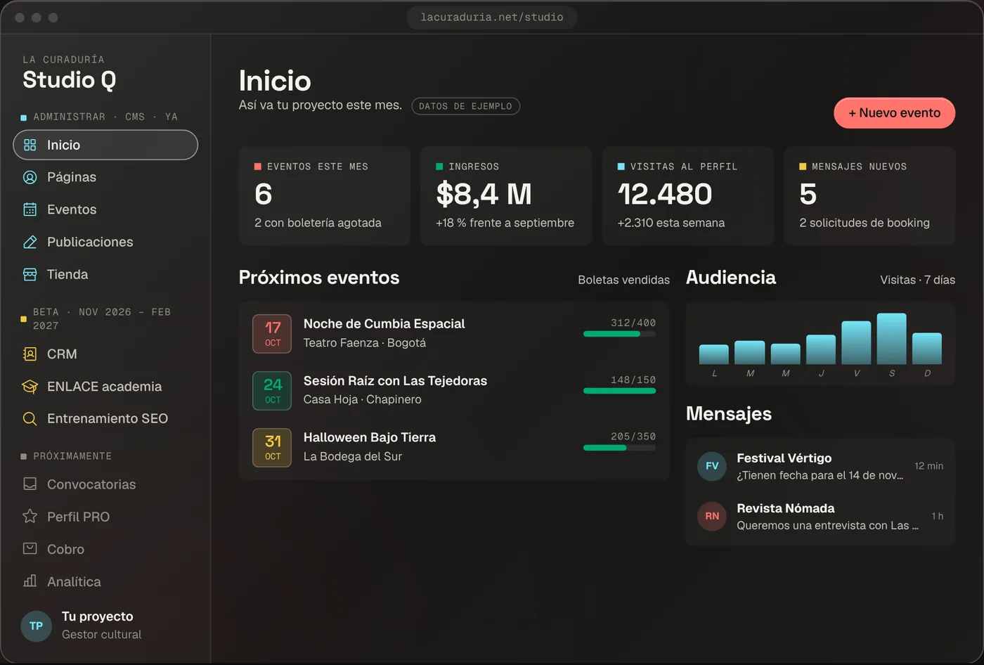 Studio Q: el panel de gestión con el perfil y press kit de un artista